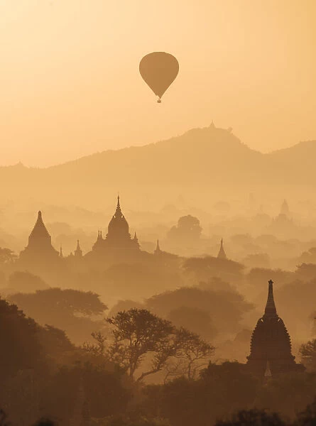View of Temples and Hot Air Balloons at dawn, Bagan, Mandalay Region, Myanmar