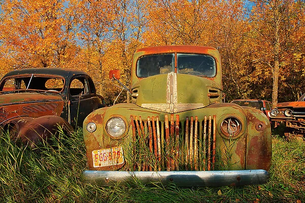 Vintage old vehicle in wrecking yard St. Lupicin, Manitoba, Canada