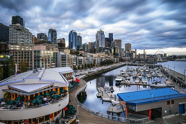 Waterfront and downtown district at sunset, Pier 66, Seattle, Washington, USA