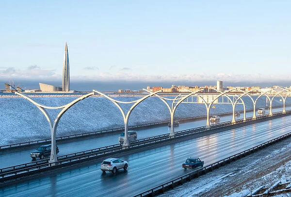 The Western High-Speed Diameter toll motorway with Lakhta Center in the background