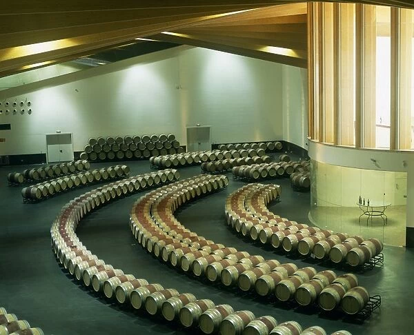 Wine barrels are laid out in artistic curves at Ysios winery