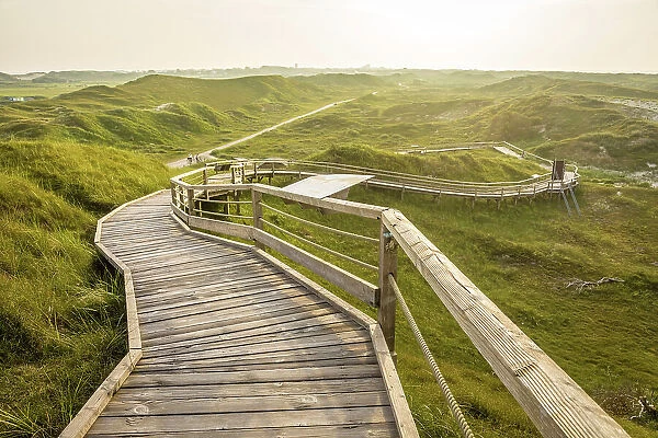 Wooden plank path to the viewpoint in the dunes on the northern beach of Norderney, East Frisian Islands, East Frisia, Lower Saxony, Germany