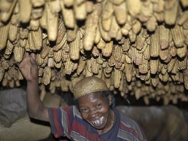 A Zafimaniry woman removes a dried maize cob hanging