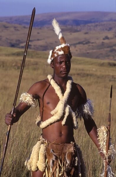 Zulu warrior in traditional dress with fighting