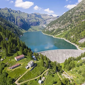 Aerial view of the Agaro Lake and its dam, an artificial lake covering the old town