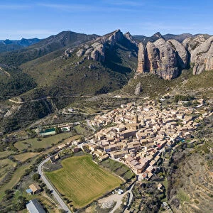 Aerial view of Aguero village. Aguero, Huesca, Aragon, Spain