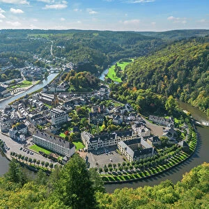 Aerial view at Bouillon with river Semois and castle, Ardennes, Wallonia, Province Luxembourg, Belgium