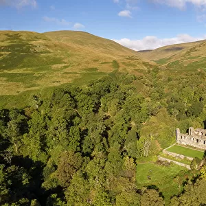 Aerial view of Castle Campbell near Dollar in Clackmannanshire, Scotland. Autumn (September) 2022