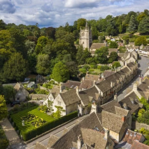 Aerial view of Castle Combe, Cotswolds, Gloucestershire, England, UK
