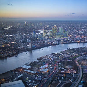 Aerial view over O2 arena, Isle of Dogs and Canary Wharf, London, England