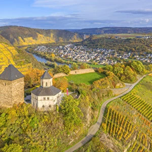 Aerial view at the Oberburg and Matthias chapelle, Kobern-Gondorf, Mosel valley