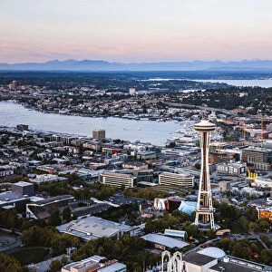 Aerial view of the Space Needle at sunset, Seattle, Washington, USA