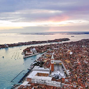 Aerial view of St Marks square at sunset, Venice, Italy