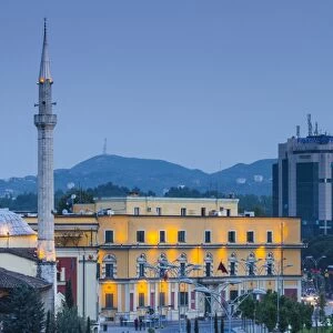 Albania, Tirana, Skanderbeg Square, elevated view, dusk