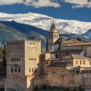 Alhambra palace with the snowy Sierra Nevada in the background, Granada, Andalusia, Spain