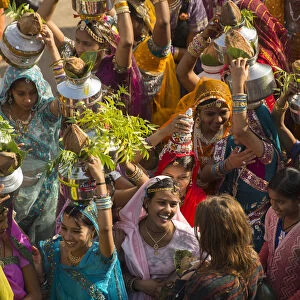 Asia, India, Rajasthan, Jaisalmer, desert festival, girls in parade