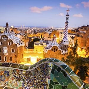 Barcelona, Park Guell, Spain, the modernism park designed by Antonio Gaudi, dusk