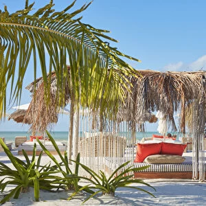 Beach beds of a luxury resort in Holbox, Quintana Roo, Yucatan, Mexico
