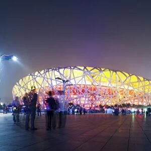 Beijing, China. Olympic park, National Stadium (called the birds nest) at night