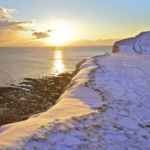 Belle Tout Lighthouse At A Snow Covered Beachy Head, Eastbourne Downland Estate