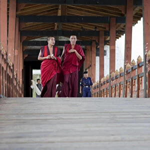 Bhutan. Monks in the Punakha Dzong. Pungtang Dechen Photrang Dzong or Punakha Dzong