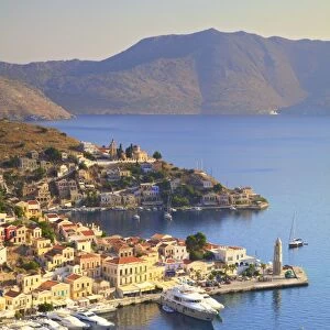 Boats In Symi Harbour From Elevated Angle, Symi, Dodecanese, Greek Islands, Greece