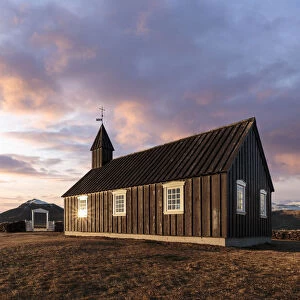 Budir black church at sunset, Snaeffelsness, Iceland