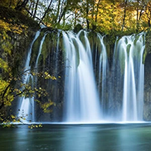 Cascading Waterfall in Autumn, Plitvice National Park, Croatia