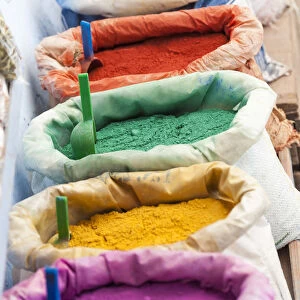 Chefchaouen, Morocco. Colorful dye powders