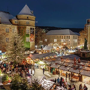 Christmas market, on Schillerplatz square in front of Stiftskirche church, Stuttgart, Baden-Wurttemberg; Germany