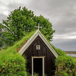 Church roof covered with grass in Iceland, Iceland