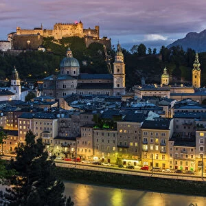 City skyline at dusk, Salzburg, Austria