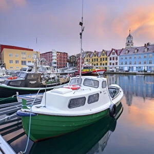 Colourful boats and buildings in Taorshavn harbour, Faroe Islands, Denmark, Europe