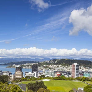 Elevated view over Cable-car (Funicular) and central Wellington, Wellington, North Island