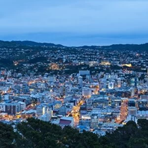 Elevated view over central Wellington illuminated at dusk, Wellington, North Island