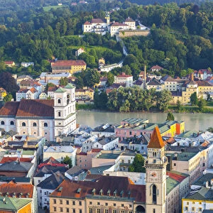Elevated view over the Town Hall and The River Danube, Lower Bavaria, Bavaria, Germany