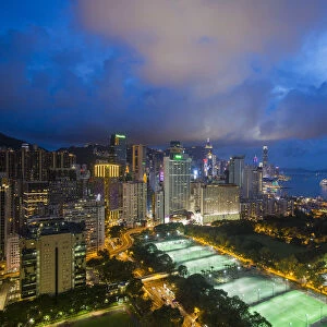 Elevated view, Victoria park and Central district of Hong Kong Island, Hong Kong, China