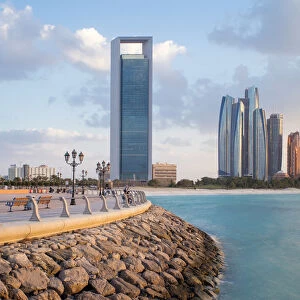 Etihad Towers and Emirates Palace hotel viewed from the Breakwater, Abu Dhabi, United