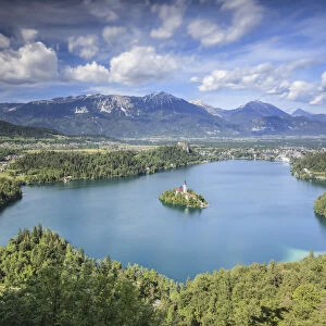 Europe, Slovenia. Overhead view on the lake of Bled