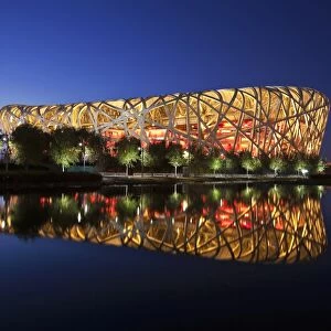 Exterior of the Olympic Stadium, Datun, Beijing, China by night