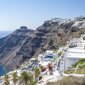 Fira, Santorini, Cyclades Islands, Greece. Stairs and terraces over the blue aegean sea