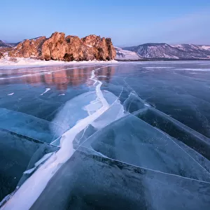 A flat ice with cracks of the lake Baikal, Irkutsk region, Siberia, Russia