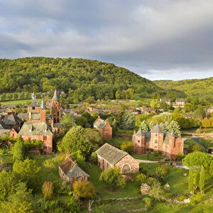 France, Nouvelle-Aquitaine, Correze, Collonges-la-Rouge, aerial view of the red village