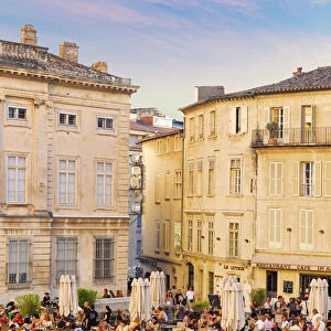 France, Provence, Avignon, Place de Palais, Tourists at cafe