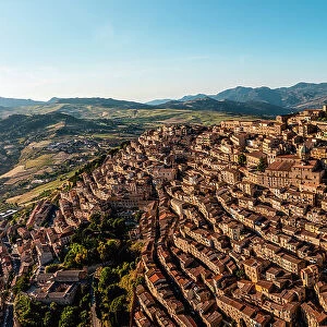 Gangi, Palermo province, Sicily, Italy. Aerial cityscape at sunset