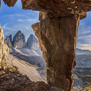 glimpse on the Tre Cime di Lavaredo from a war cave, sexten dolomites, south tyrol