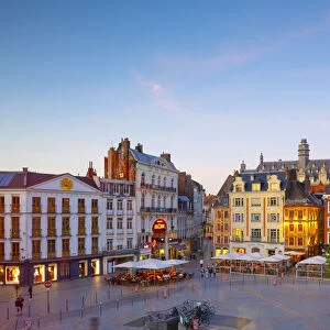 The Grand Place and Lille Chamber of Commerce Belfry at Dusk, Lille, France