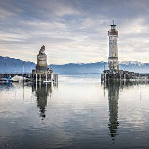 Harbor entrance with Bavarian lion and lighthouse, Lindau on Lake Constance, Swabia