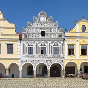 Iconic houses with arcades and high gables at Zacharias of Hradec Square, UNESCO, Telc