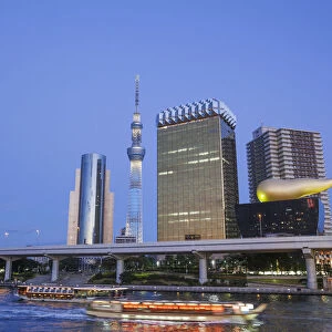 Japan, Honshu, Kanto, Tokyo, Asakusa, Office Buildings and Skytree Tower and Sumidagawa